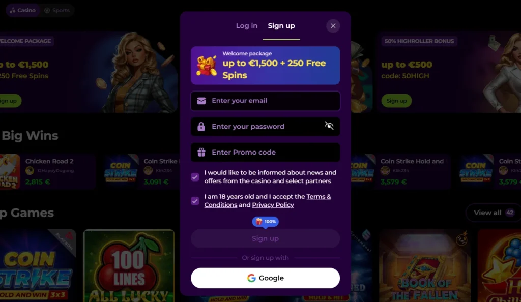 Registration form with Welcome Bonus at Spin Mama Casino