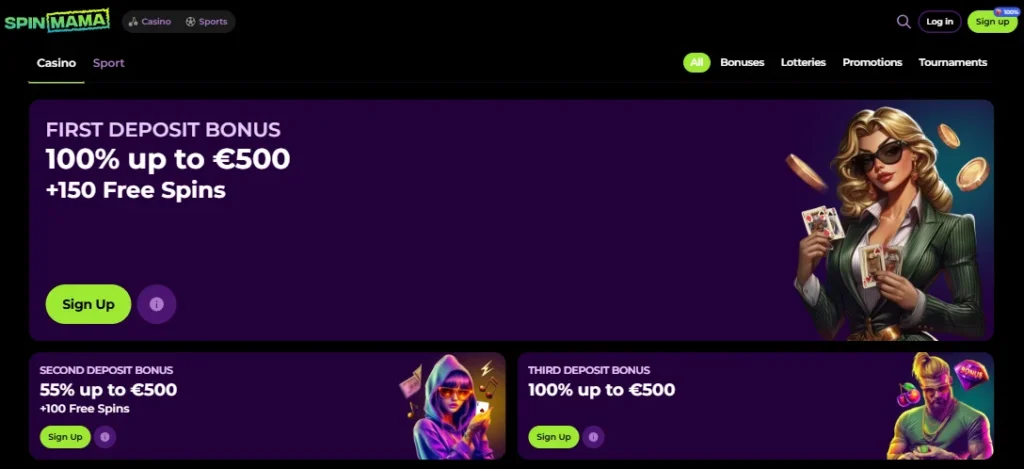 Spinmama Bonus Section with Casino and Sport Bonuses