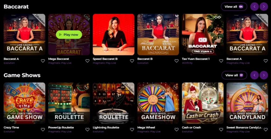 Baccarat and Game Shows at Spinmama Game Section