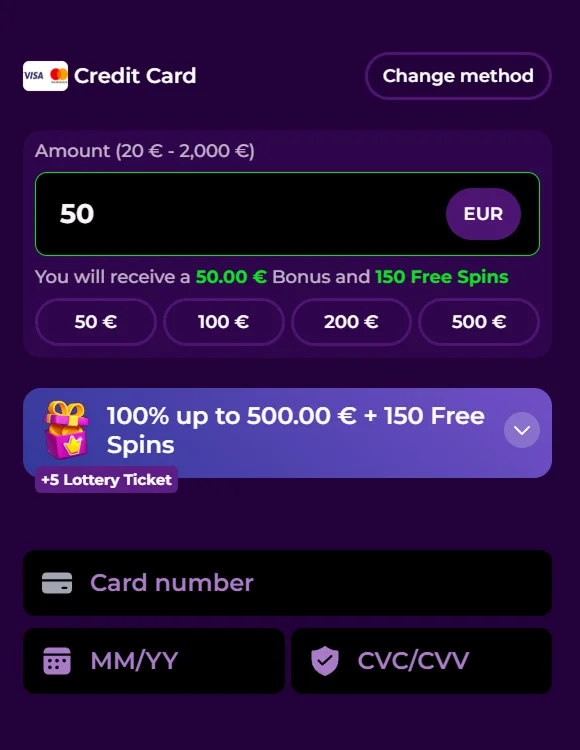 Example of Spinmama Casino Deposit via Credit Card