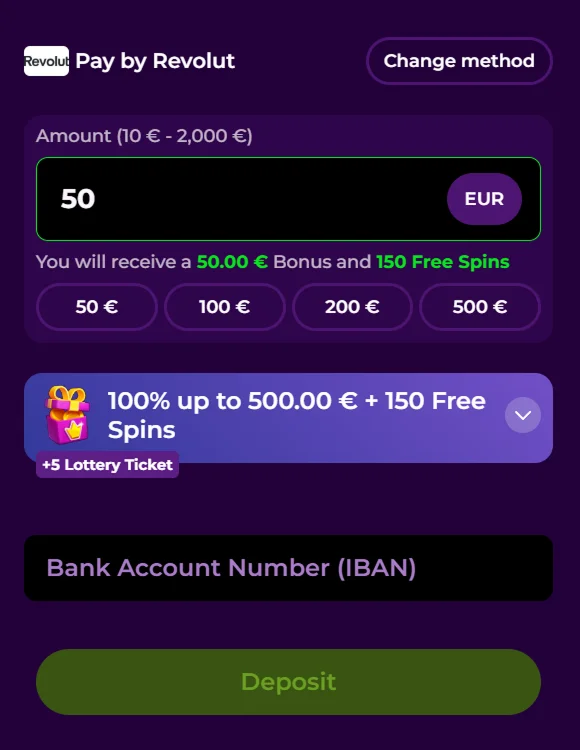 Example of Spinmama Deposit via Revolut