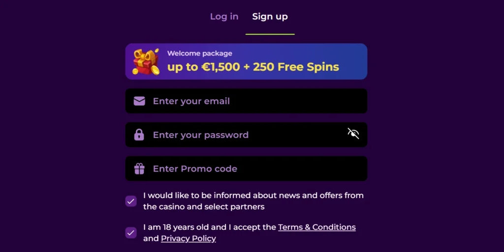 Spinmama Register form with Welcome Bonus and Checkboxes for Terms